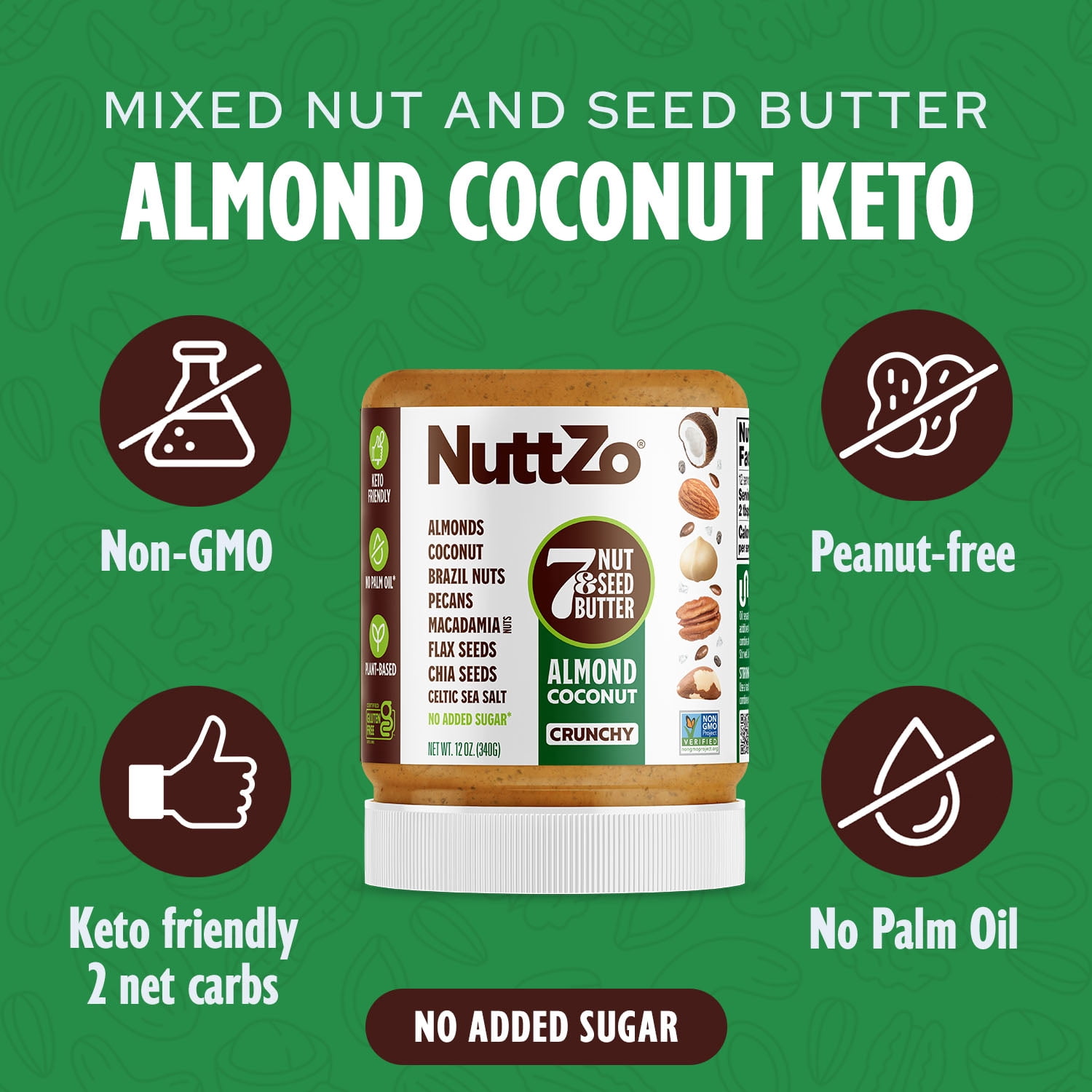 (2 pack) NuttZo Almond Coconut Crunch Nut Butter, 7 Peanut Butter Spread, Plant-Based, No Palm Oil, 12 oz Jar