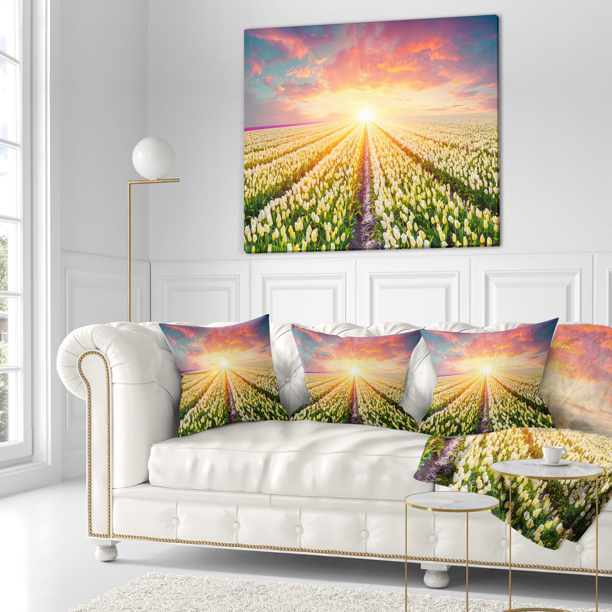 Designart Blooming White Tulips - Landscape Photo Throw Pillow - 18x18