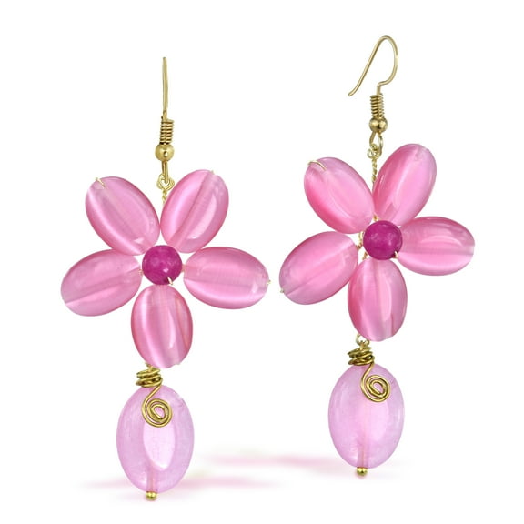 Romantic Pink Quartz Floral Teardrop Brass Earrings