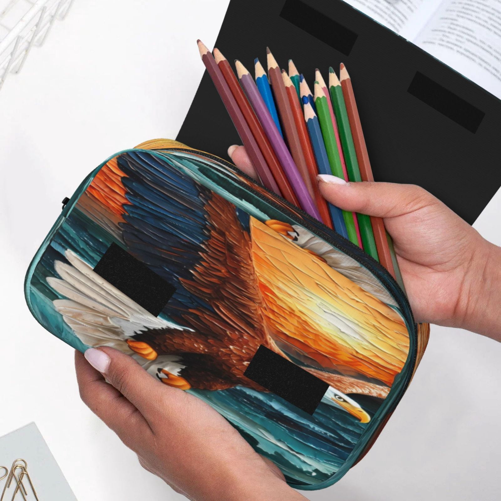 Rateoe Textured Bald Eagle Pattern Double Clamshell Pen Case, Storage Organizer with Two Zipper Compartments– Holds Up to 50 Pencils & Pens