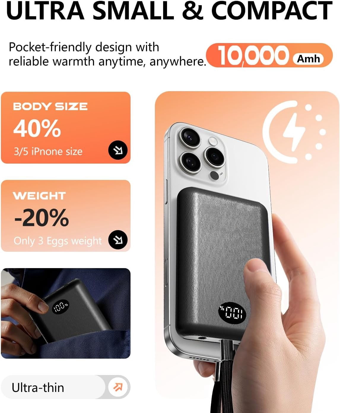 Power Bank, 7.4V2A 10000mAh Battery Pack for Phone, Heated Battery Pack, USB-A /Type-c/DC 3.8mm(Compatible with 3.5 mm, includes 4.0 mm adapter cable.） 1 Pack