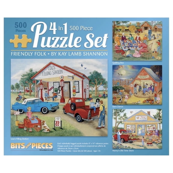 Bits and Pieces Jigsaw Puzzles Friendly Folk 500 Piece 4-in-1 Bundle 16" x 20"