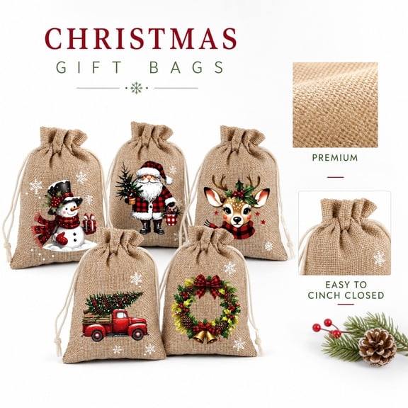 Christmas Gift Bags Linen Candy Pouch Party Favor Bags with Drawstring for Christmas Wrapping and Home Decor, 5 Pack