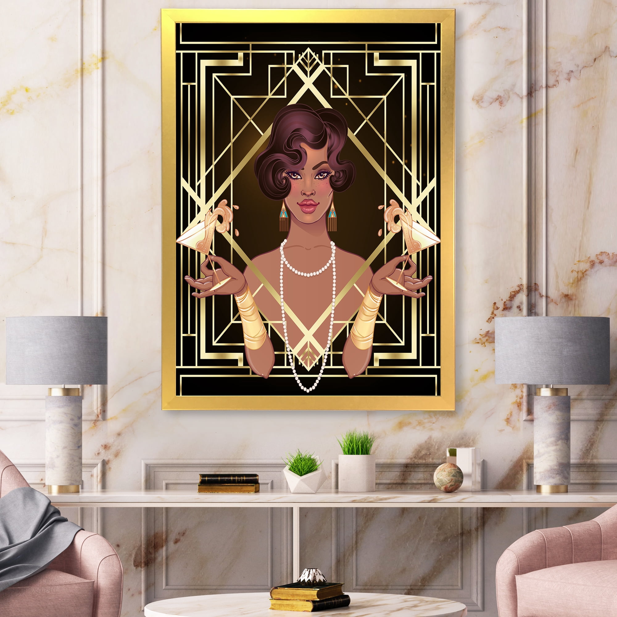 Designart 'Retro Girl In Golden Art Deco Geometrics I' Modern Framed Art Print