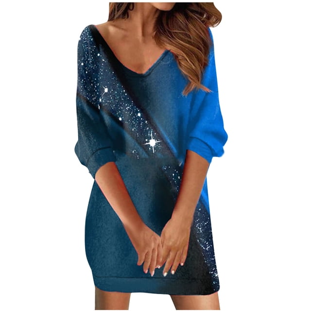 FAIWAD Robes Décontractées pour Femmes Grande Taille Col en V Manches 3/4 Robe Portefeuille Imprimé Tendance Mini Confortable Courte Tunique