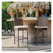 Outdoor Bar Stools Wicker Woven Patio Stools & Patio Bar Chairs Set of 2 Counter Bar Height Stools with Footrest Armless Cushion Beige All Weather Rattan Garden Stool