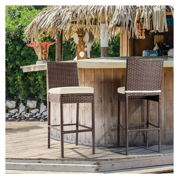 Outdoor Bar Stools Wicker Woven Patio Stools & Patio Bar Chairs Set of 2 Counter Bar Height Stools with Footrest Armless Cushion Beige All Weather Rattan Garden Stool