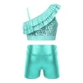 thumbnail image 2 of Doomiva Kids Girls Sequin Ruffle Crop Top with Shorts Set Sport Workout Gymnastics Dance Outfit Tracksuit Light Green 14, 2 of 7