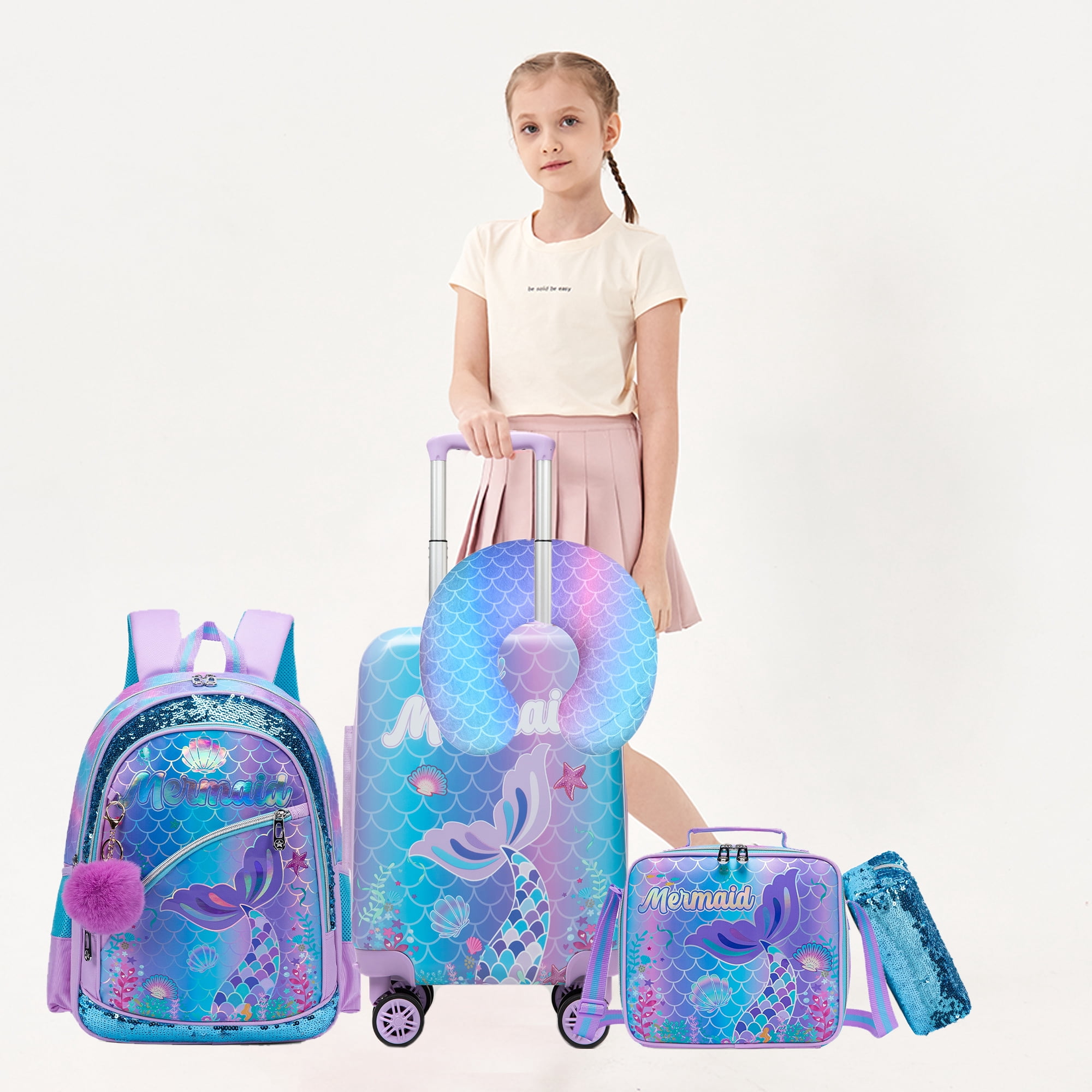 Kids Carry on Luggage Sets for Girls Lightweight Suitcases with Wheels Hardshell with Travel Pillow School Backpaak for Toddler Travel Essential
