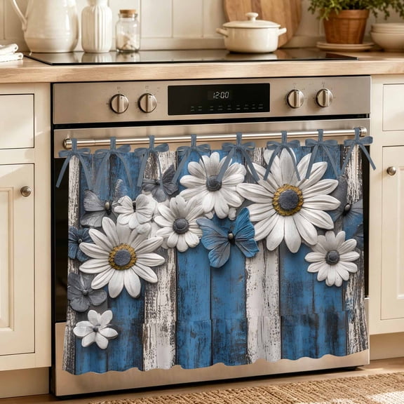 Blue White Daisy Oven Skirt Curtain 30"x21.5",Waterproof Ruffled Stove Cover Skirt with 8 Ribbon Ties,Vintage Farmhouse Butterfly Floral Wood Decorative Oven Door Curtains for Kitchen Dishwasher