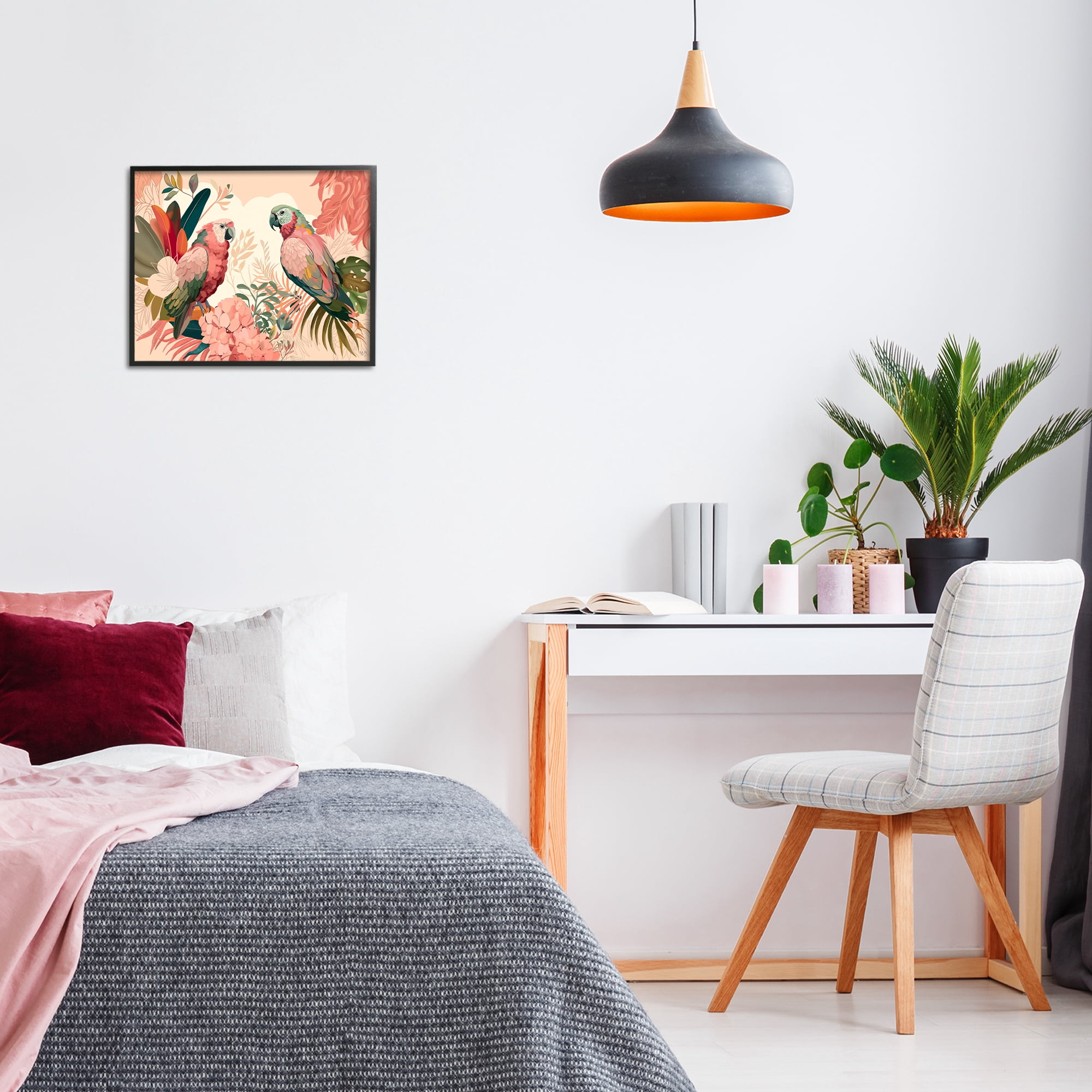 Stupell Industries Pink Parrots & Leaves Animals & Insects Painting Black Framed Art Print Wall Art, 20 x 16