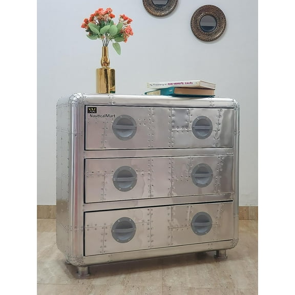 NauticalMart Aviator 3 Drawer Chest - Aluminium Home Office Living Room Furniture