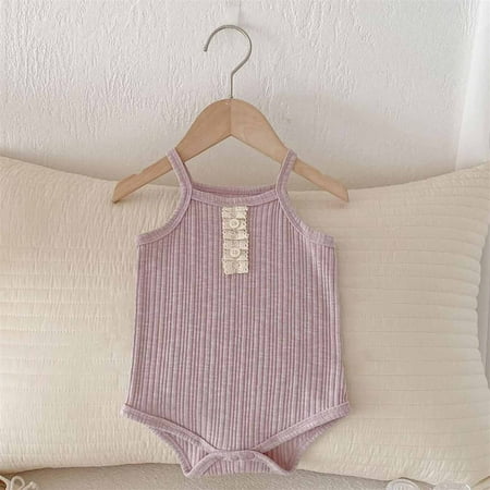 BLTIBY 2025 Newborn Baby Girl Boy Summer Romper Unisex Solid Color Halter Jumpsuit Sleeveless Backless Overalls Outfits Infant Fashion Bodysuit Purple 6-9 Months