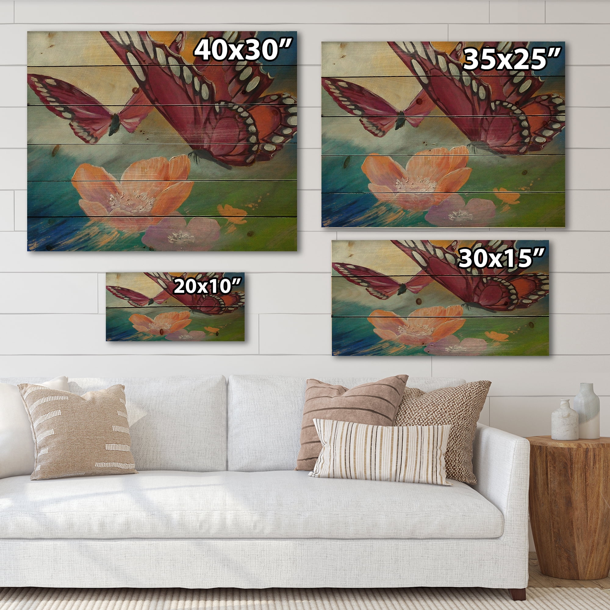 Designart 'Butterflies On Pink Flowers' Traditional Print on Natural Pine Wood