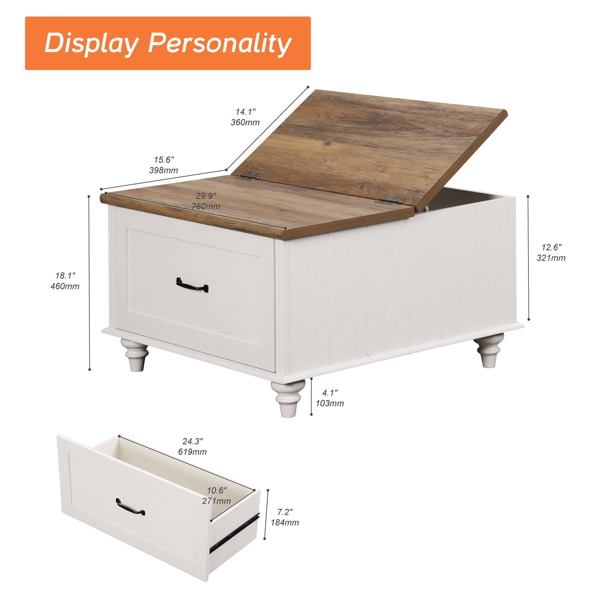 FITUEYES Farmhouse Lift Top Square Wooden Coffee Table, White