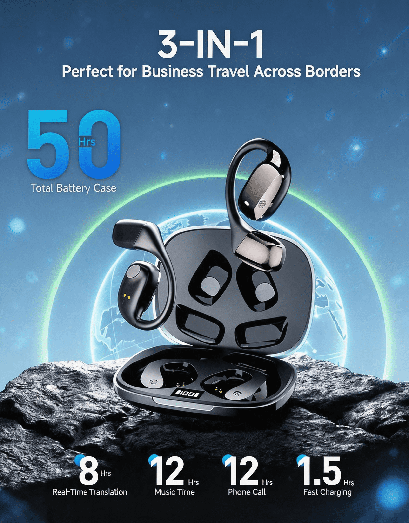 AI Translation Earbuds Real Time, Translator Earbuds for 144 Languages, Open-Ear Language Translator Earbuds with Clear Voice Pickup, 3-in-1 Headphones for Travel, Business, Learning, Ios & Android