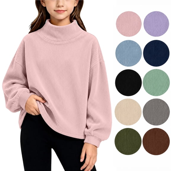 Hzzrkos Girls Corduroy Mock Neck Sweatshirt Long Sleeve Casual Pullover Tunic Top Soft Textured Shirt with Side Slit Hem Relaxed Daily School Travel Wear Pink