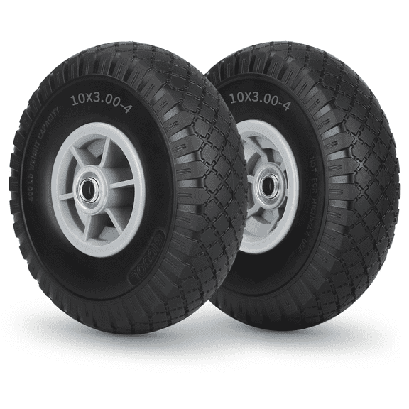 10x3.00-4 Flat Free Tire, 10" Heavy Duty Replacement Tire and Wheel Assemblies, Compatible Cosco Hand Trucks and Trolley Carts, 5/8" Axle Bore Hole, 2.2" Offset Hub, 2-Pack