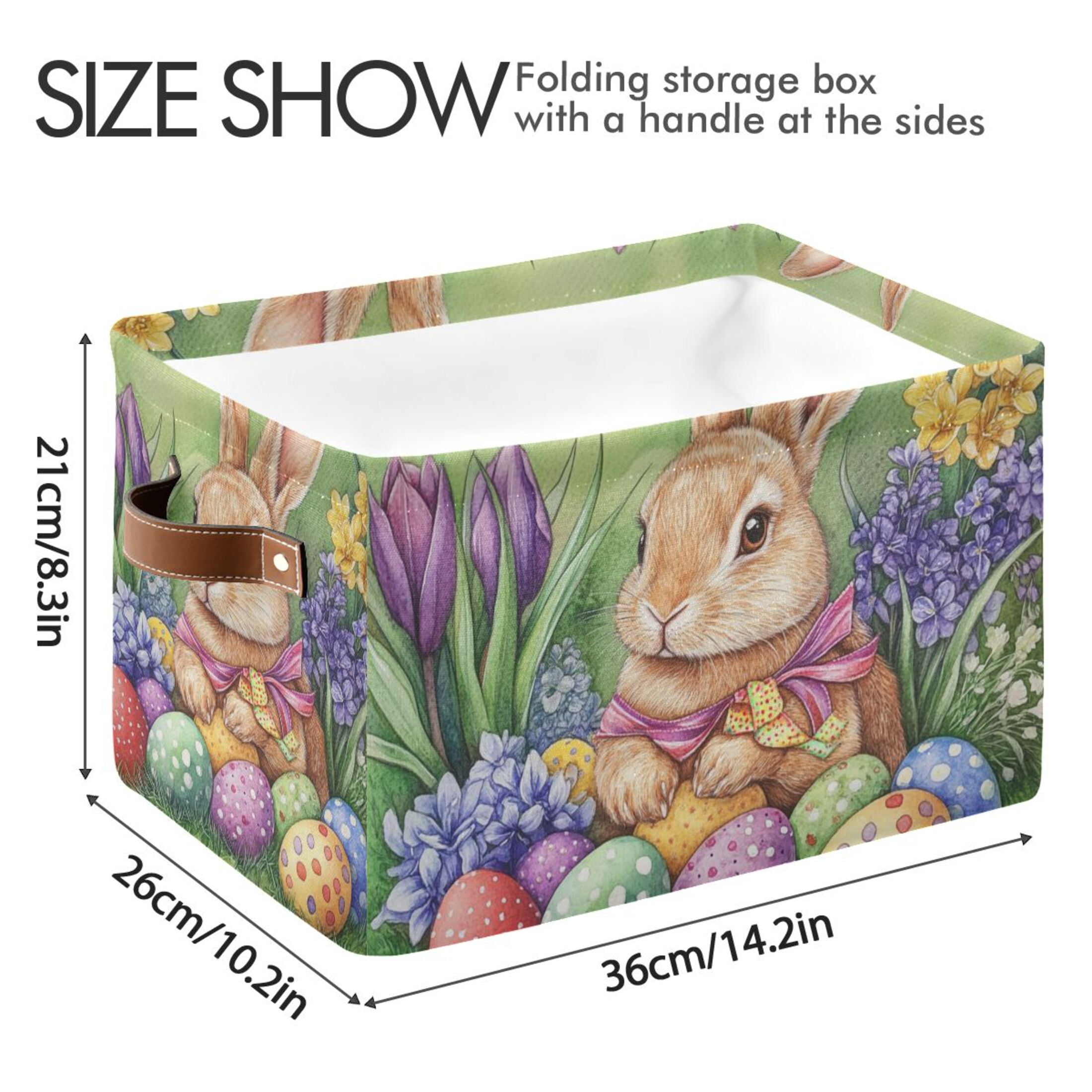 WOBOGO Easter Orange Bunny Square Storage Basket with Waterproof Canvas and PE Lining Durable PU Leather Handles 14.2×10.2×8.3in