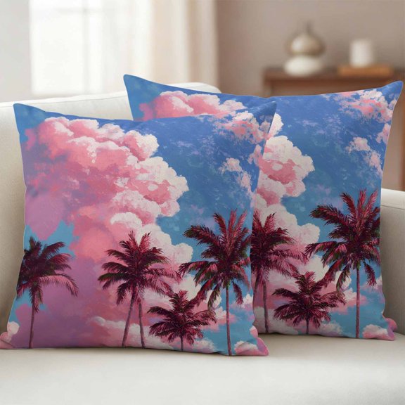 Romance Summer Outdoor Waterproof Throw Pillow Covers 16x16 Set of 2, Pink Cloud Tropical Palm Trees Decorative Pillowcases Cushion Pillowcase for Couch Sofa Patio Outside Pillow Protector