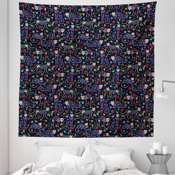 Sugar Skull Tapestry, Skeleton Calavera Cats with Doodle Floral Geometric and Bone Ornaments Pattern, Fabric Wall Hanging Decor for Bedroom Living Room Dorm, 5 Sizes, Multicolor, by Ambesonne