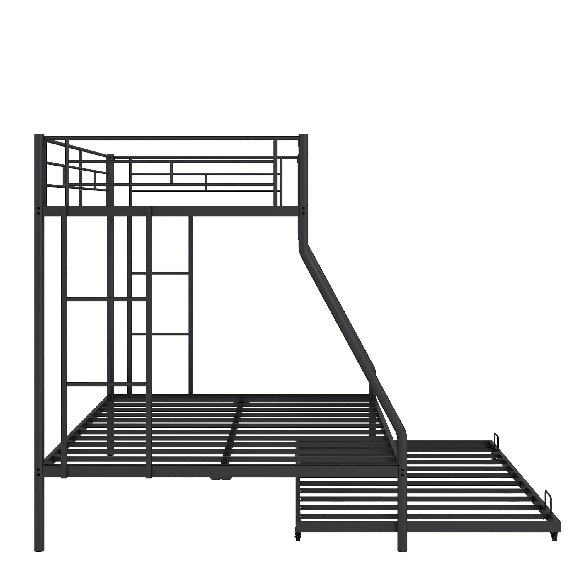 Metal Twin Over Full Bunk Beds with Trundle Bed, UHOMEPRO Twin Over Full Bunk Beds for Kids Adults Teens, Dorm Room Bunkbed with Trundle, 2 Ladders, CPC Certification, No Box Spring Needed, Black