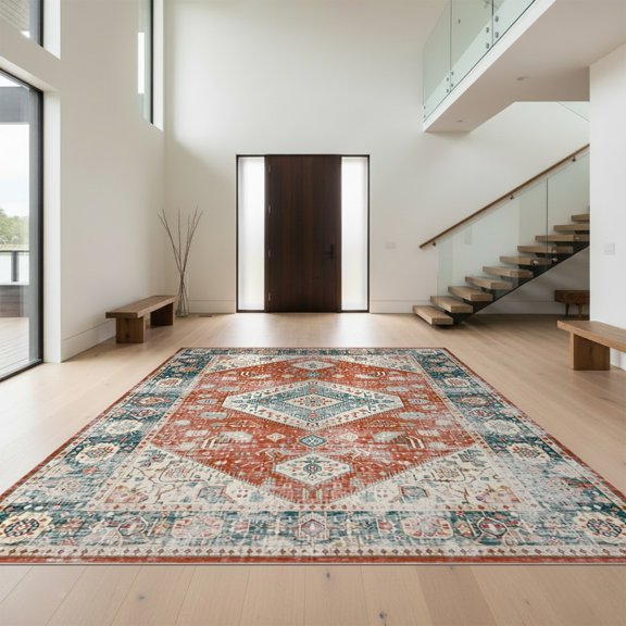 Design&I 8'x10' Washable Area Rug Sleek Flatweave Pet Friendly Vintage Kilim Boho Distressed Border Potbelly Burning Sector for King Size Bedroom, Under Bed