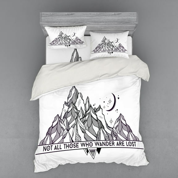 Adventure Duvet Cover Set, Geometrical Abstract Mountain Landscape Typography Motifs, Bedding Set with Shams and Fitted Sheet, 3 Sizes, by Ambesonne