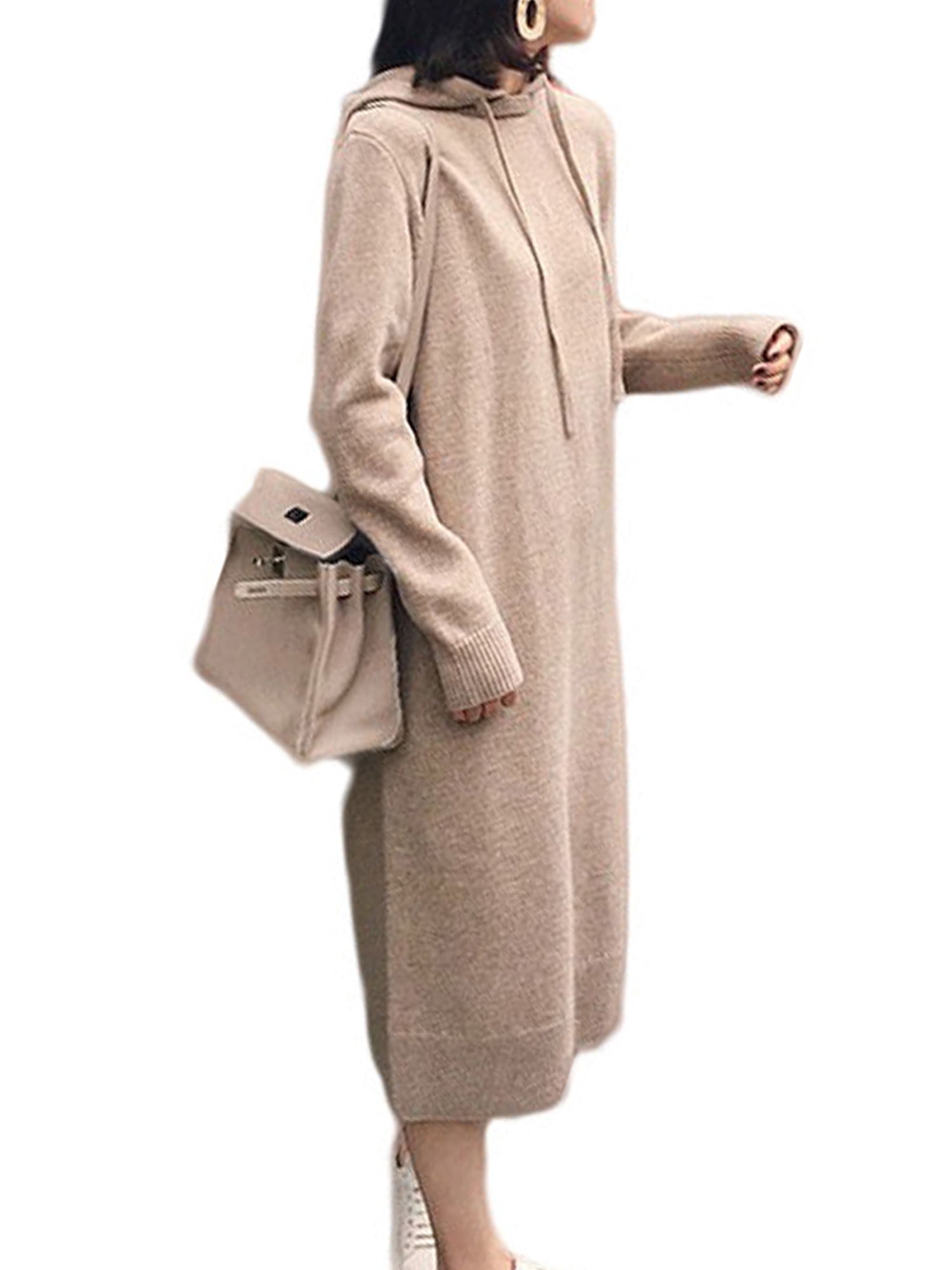 Feiwo Womens Long Sleeve Hooded Sweater Dress Loose Baggy Knitted Hoodies Solid Drawstring Jumper Dresses Knitwear Khaki One size, Women's, Beige