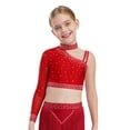 thumbnail image 1 of Runhomal Kids Girls Shiny Rhinestone Irregular Shoulder Lyrical Modern Latin Jazz Ballet Dance Crop Tops Athletic Shirts Red 16, 1 of 7