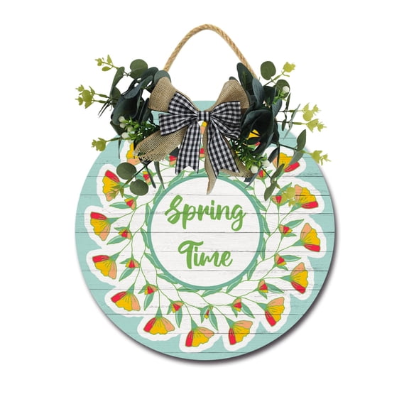 Front Door Porch Decorations Spring Time Door Hanging Sign 11 inch Wooden Wall Sign, Rustic Holiday Wreath Decor for Front Door Porch Home Window Wall Farmhouse Decorations