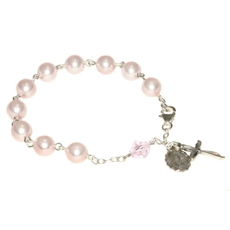 Square Swarovski Rosary Bracelet - Sterling Silver Women's Rosary Bracelet made with Pearlized Rosaline Pink and Pink Bicone Swarovski Crystals