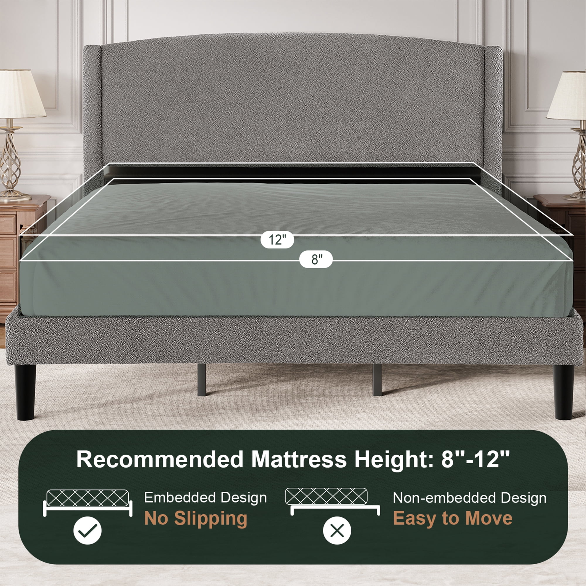 Amolife King Bed Frame, Platform Upholstered Bed with Soft Teddy Fabric Curved Headboard, Grey