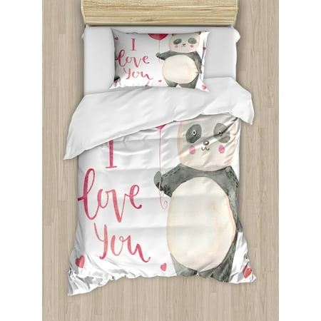 Matching Crib And Twin Bedding Sets I Love You Duvet Cover Set, Cute Panda Bear Holding A Balloon Hearts Playroom Baby Watercolor Art, Decorative Bedding Set with Pillow Shams, Dark Coral Ivory Gray, by Ambesonne ()