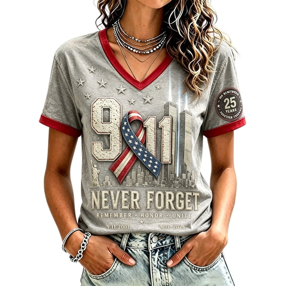Bexdxz Women's Vintage 911 Memorial Never Forget American Flag Honor Faith Short Sleeve Tshirt for Casual Everyday Wear Gray M