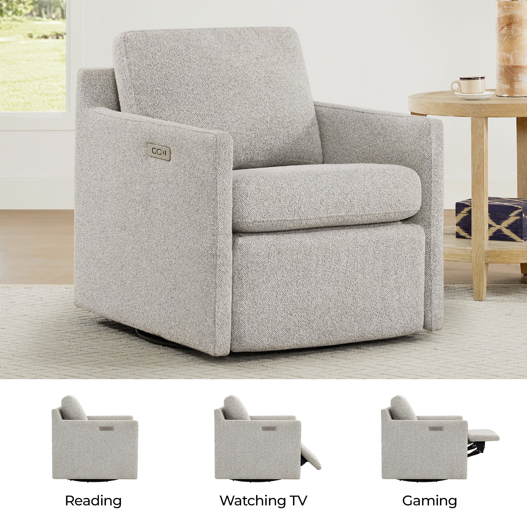 Spruce & Spring 270-Degree Swivel Accent Chair with Power Footrest & Charging Ports, Light Gray