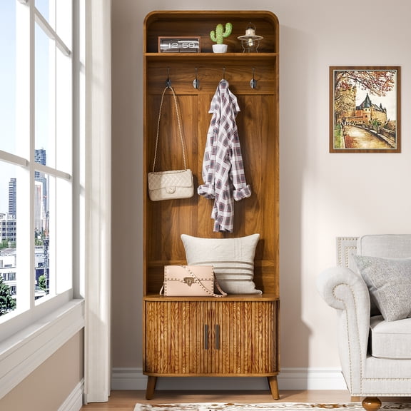 Diubas Hall Tree with Bench and Shoe Storage, 66.9" Entryway Narrow Hall Tree with 4 Hooks and 2 Fluted Doors for Hallway, Foyer, Walnut