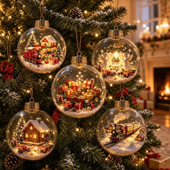 5Pcs Glowing Christmas Story Ornament, Mini Holiday Scen,Light-Up Christmas Balls with Warm LED Light, Glowing Christmas Ornament for Tree Mantel, Holiday Decoration & Gifting Use