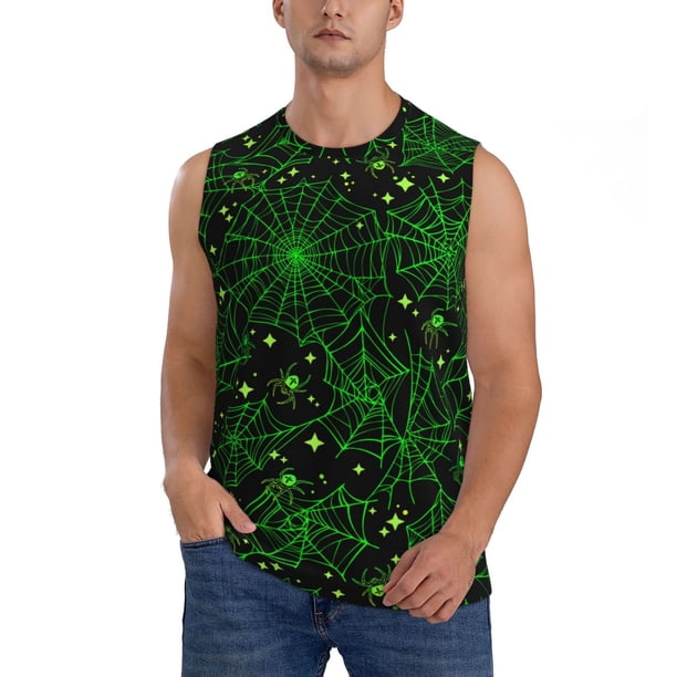 Balery Green Bright Web with Spiders Camisetas sin mangas para hombre, absorbe la humedad y protege contra el mal olor.-Small
