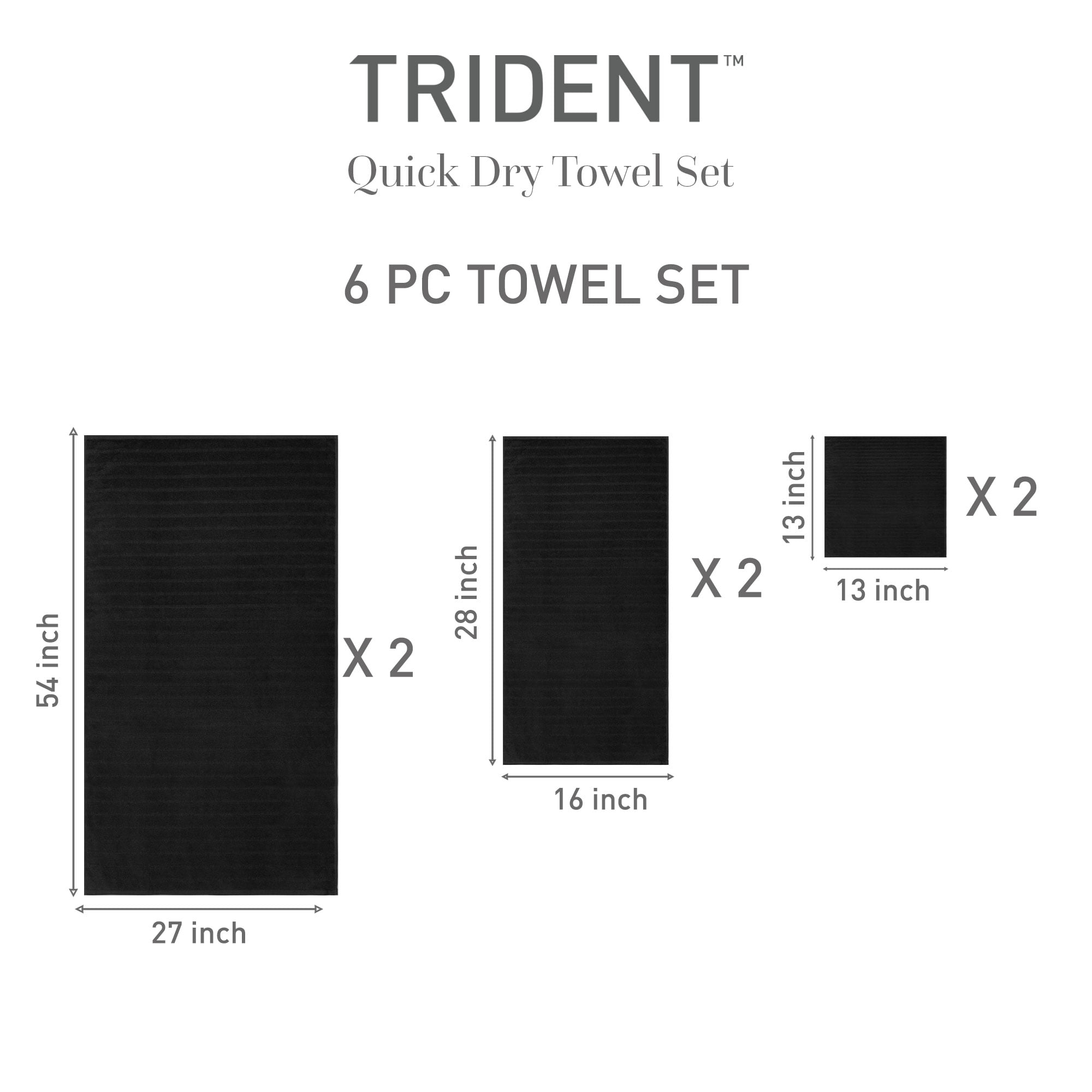 Everyday Home by Trident Quick Dry 6 Pc Bath Towel Set, 100% Cotton , lightweight,Soft, Absorbent, Bathroom Towels, 2 Bath 27"x54", 2 Hand 16"x28", 2 Washcloths 13"x13", Black