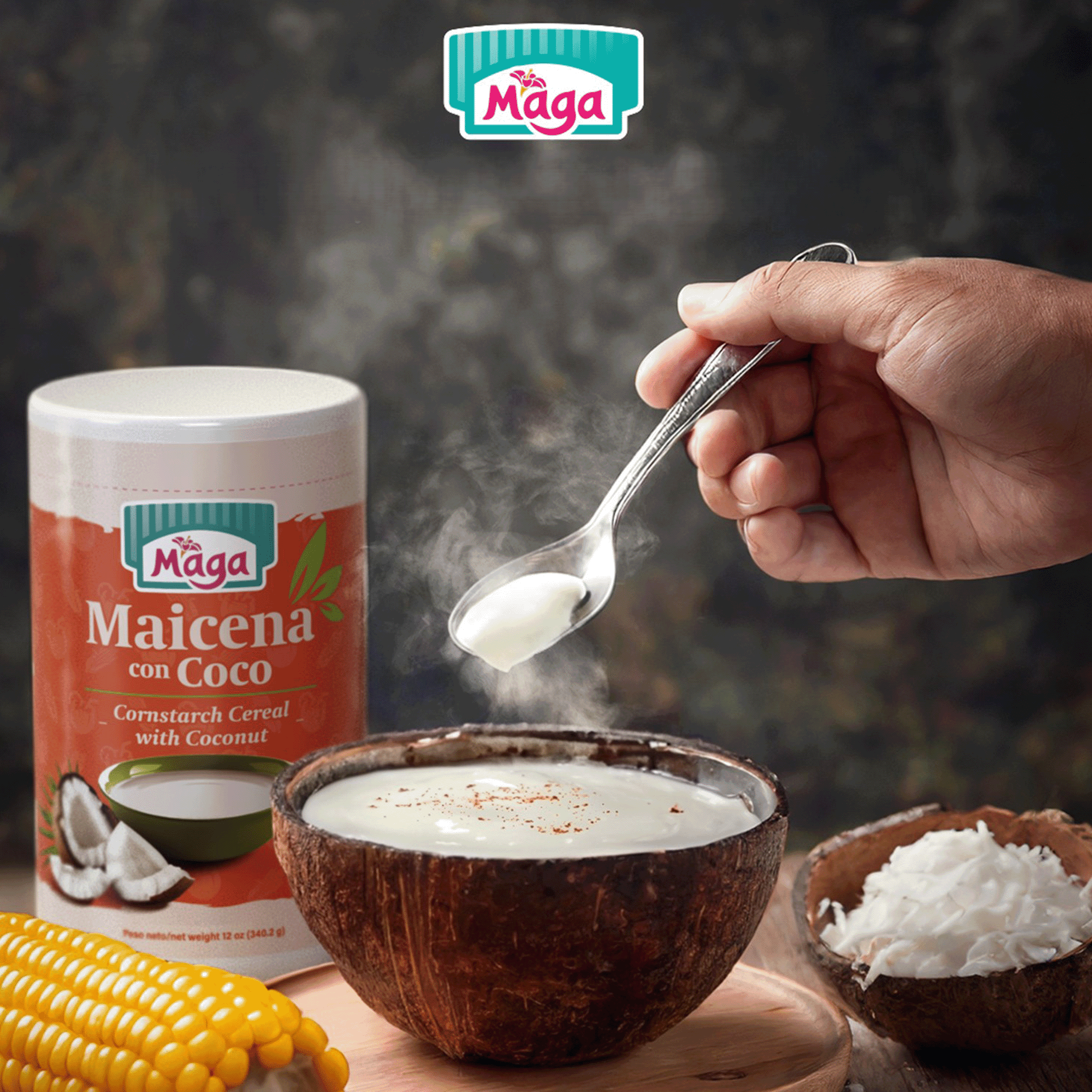 Maga Instant Corn Starch Thickener Cereal with Coconut, Creamy, 12 oz Shelf Stable Plastic Can
