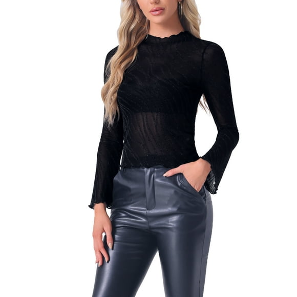 CAMISA MESH SHEER CON ACABADO DE LECHUGA ELÁSTICA DE LARGA MANGA CUELLO ALTO PARA MUJERES INSPIRE CHIC XS NEGRO