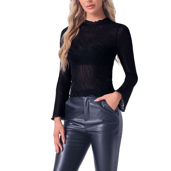 INSPIRE CHIC Women's Shirt Mesh Sheer Lettuce Trim Stretchy Long Sleeve Mock Neck Party Shirt S Black