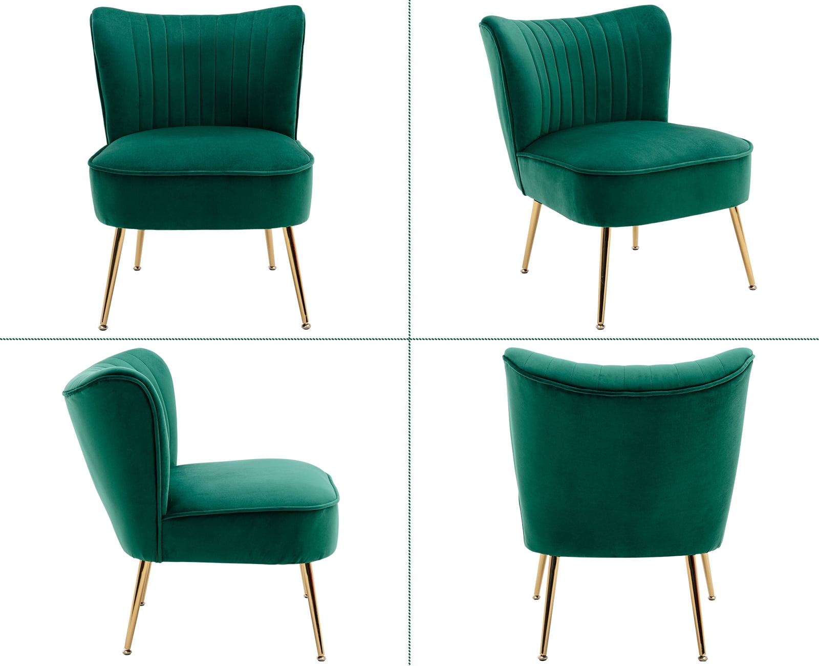 Guyou Modern Accent Chair Set of 2, Armless Slipper Chair Velvet Upholstered Lounge Chair, Wingback Large Single Sofa Side Chair with Gold Legs for Living Room Bedroom, Green