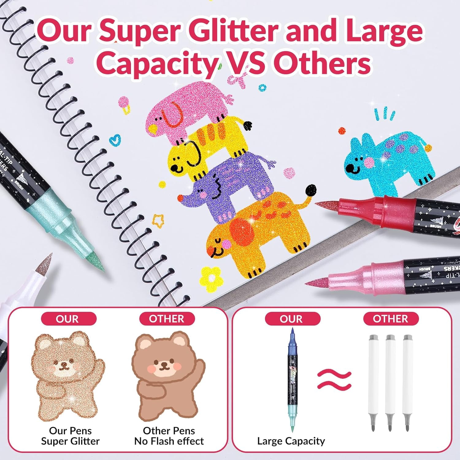Glitter Effect Brush Marker Set, Dual Tip Pens with Metallic Sparkle for Drawing, Card Making, DIY Crafts & Adult Coloring Books