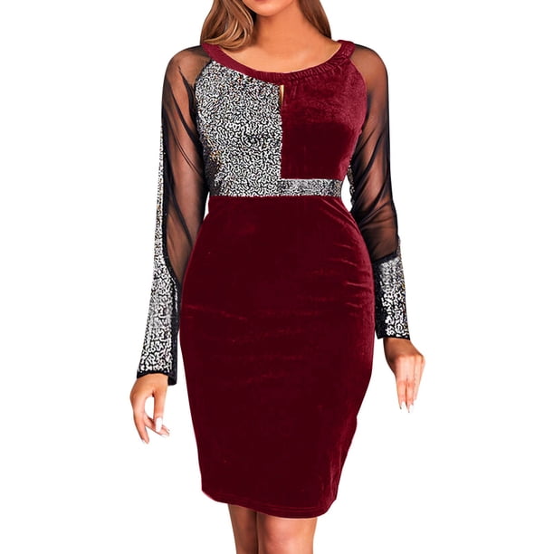 Gibobby Vestidos de fiesta elegantes Vestido ajustado de manga larga con cuello redondo y costuras de malla para mujer(Rosa,CH)