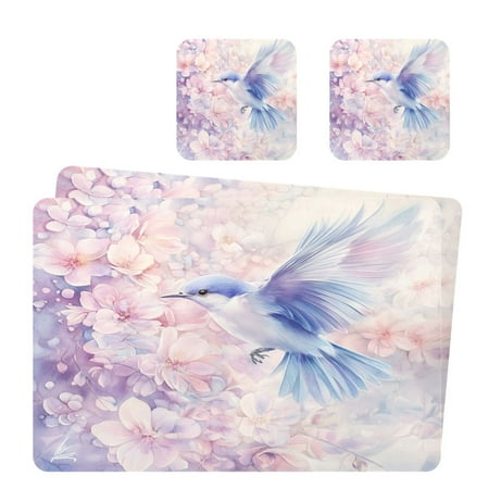 

Wobogo Blue Birds Pink Flowers Placemats Coasters Set of 2 Heat-resistant Non-slip Easy to Clean Square Dinner Plate Mat