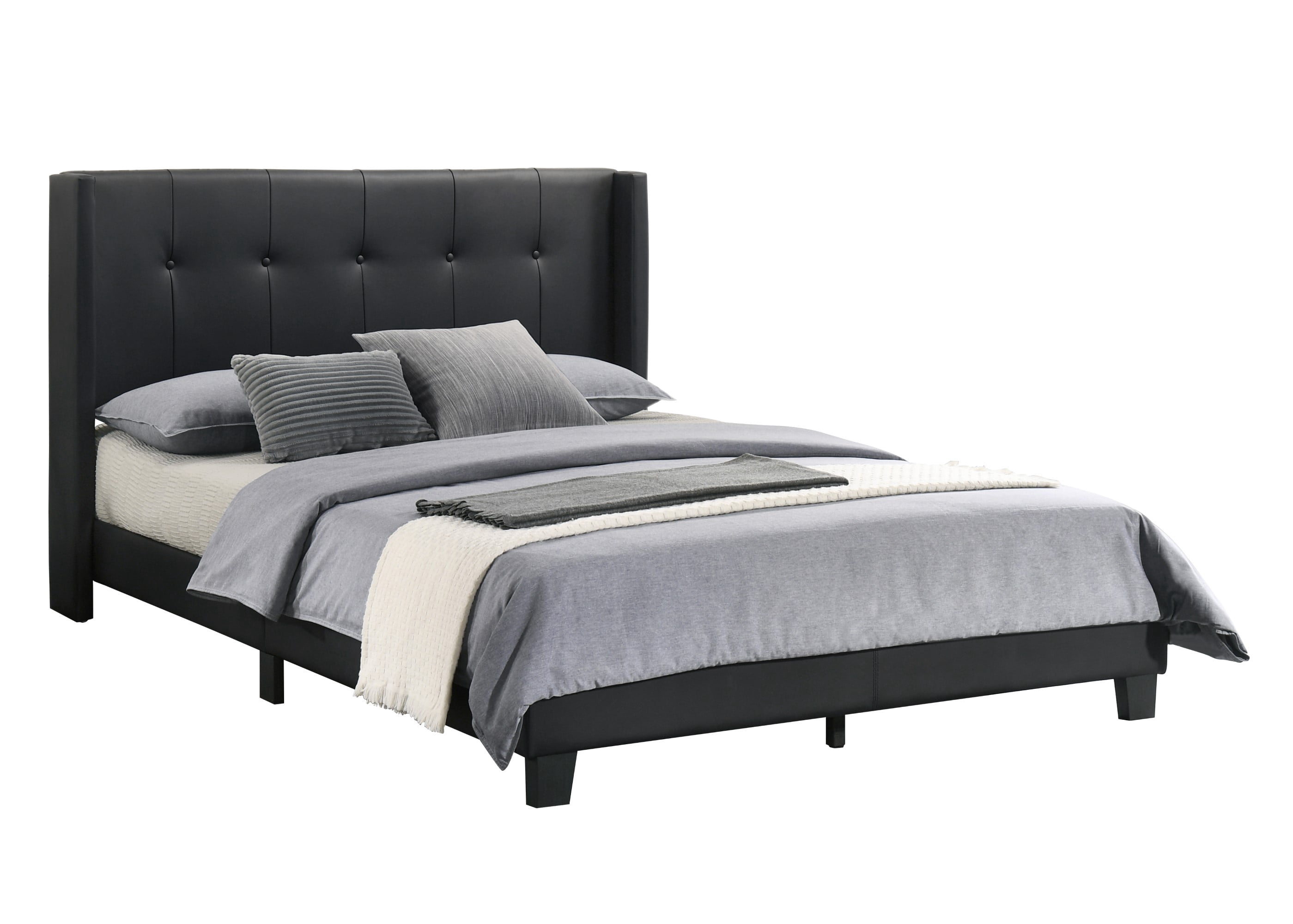 Home Design Evelyn Full Upholstered Platform Bed Frame with Tufted Headboard and Wingback Design, Black, Easy Assembly