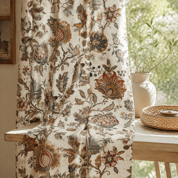 Beige 52"W x 63"L (Pack of 2) Boho Floral Blackout Window Curtain Panels