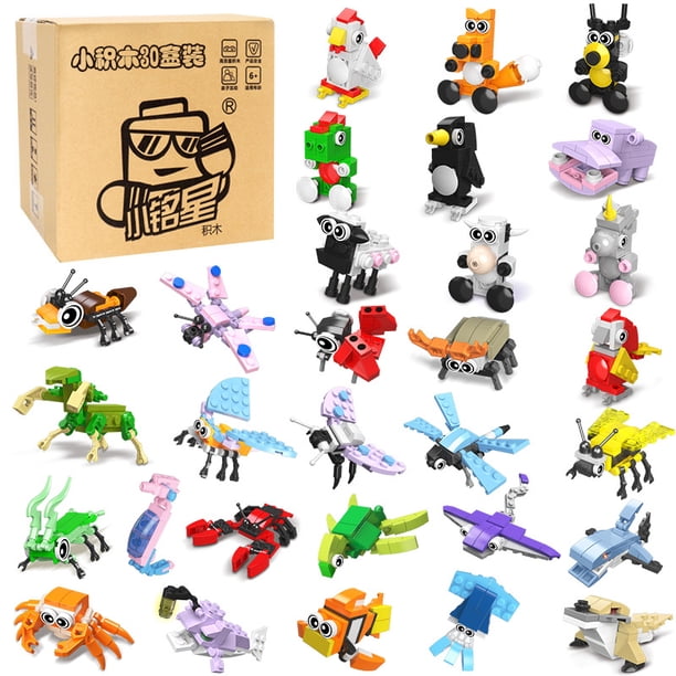 Bloques de construcción, juguetes educativos de ensamblaje de partículas pequeñas para niños, animales + océano + insectos, 30 cajas (personalizadas).